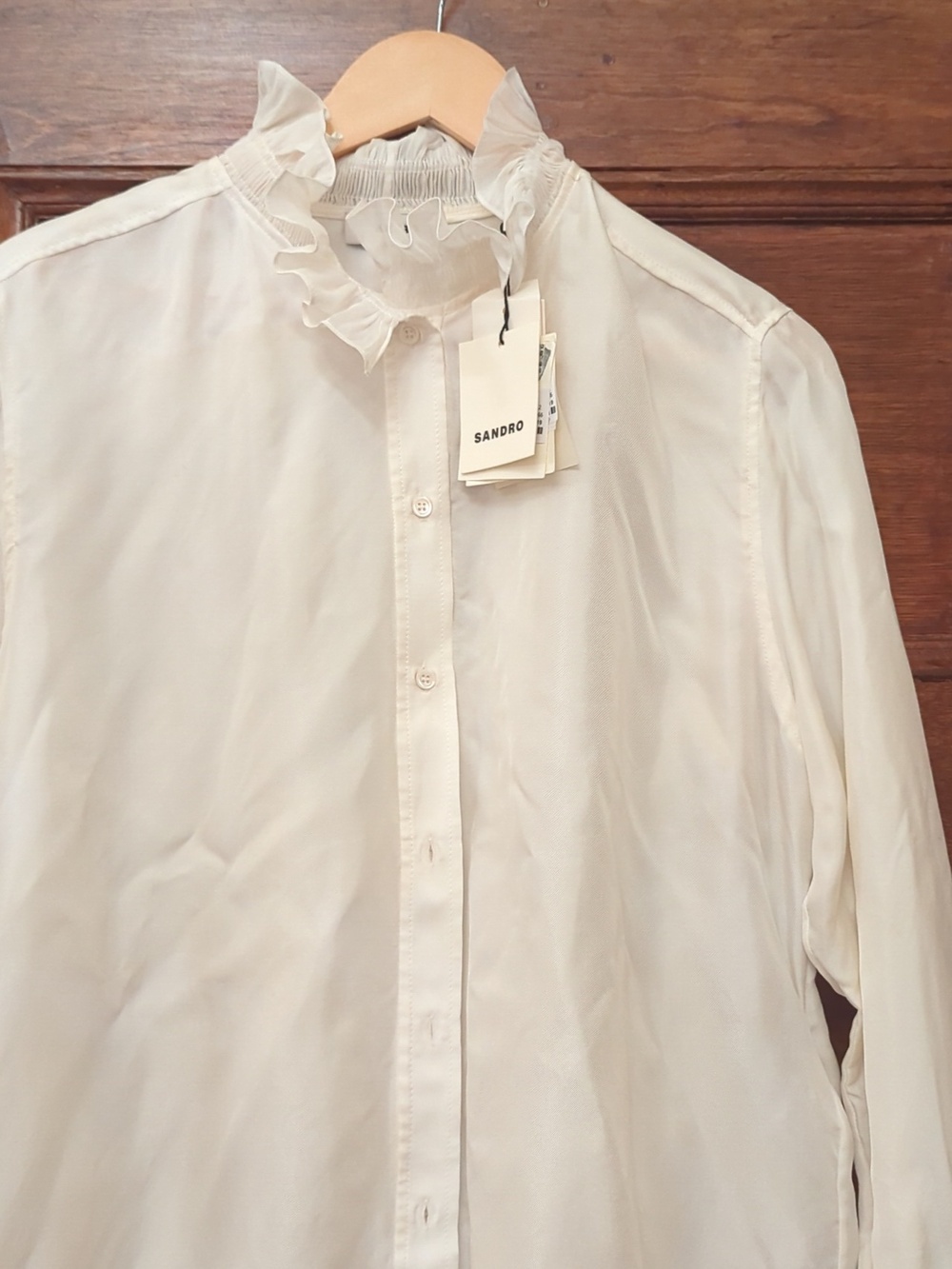 NWT Sandro Silk Gathered Collar Blouse | White | Long Sleeve | Size Medium (2) - Picture 2 of 7